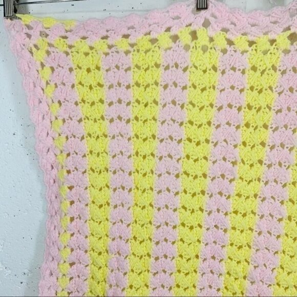 2 Vintage Hand Knit Pink Yellow Green Handmade Crochet Baby Blankets - Picture 4 of 15